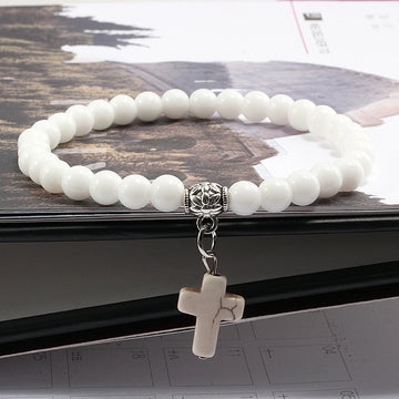 Prayer Bracelet 6MM Onyx Natural Stone Beads Religion Jesus Cross Pedant Bracelets Bangles for Men Women Yoga Friendship Jewelry