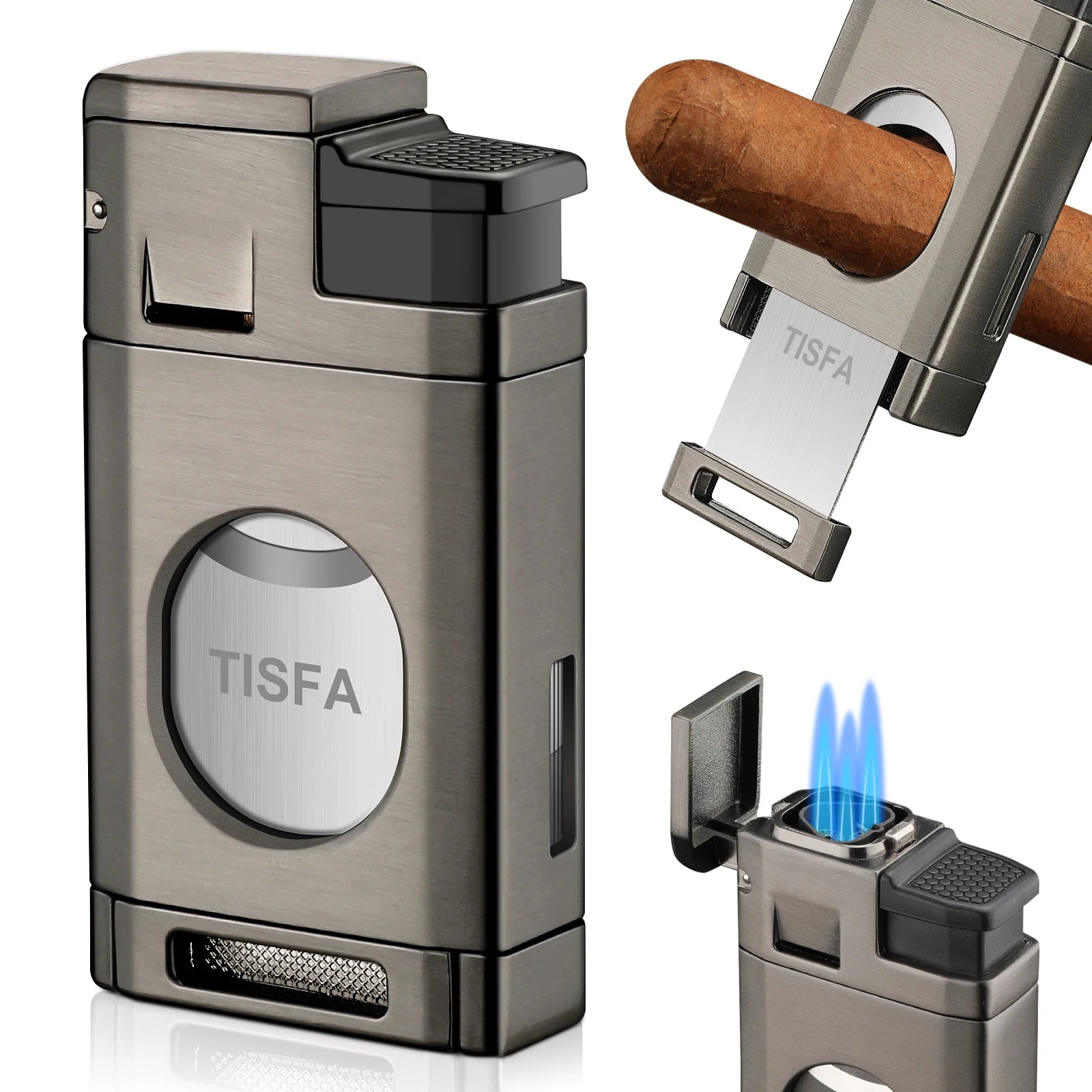 Cigar Torch Lighter with Built in Cigar Cutter,Triple Jet Flame Butane Lighter with Window,Refillable Butane Windproof Lighters
