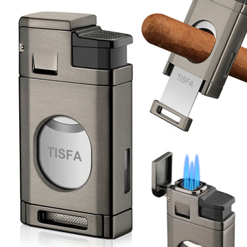 Cigar Torch Lighter with Built in Cigar Cutter,Triple Jet Flame Butane Lighter with Window,Refillable Butane Windproof Lighters