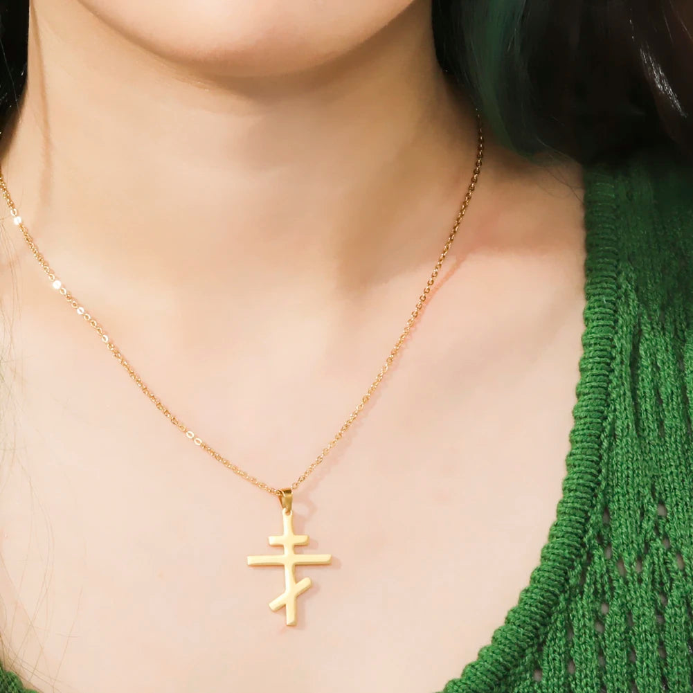 Amaxer Orthodox Church Cross Necklaces Russia Slavic Religious Stainless Steel Pendant Choker for Women Men Pray Jewelry Gift