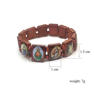 Classic 4 Colors Jesus Christianity Sticker Wooden Pieces Dripping Oil Elastic Rope Religious Pray Bracelet Men Jewelry Gifts