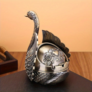 Elegant Round Swan-Shaped Zinc Alloy Ashtray with Lid - Smokeless, Decorative, and Durable for  or Office Use - Perfect Gift for