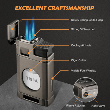 Cigar Torch Lighter with Built in Cigar Cutter,Triple Jet Flame Butane Lighter with Window,Refillable Butane Windproof Lighters