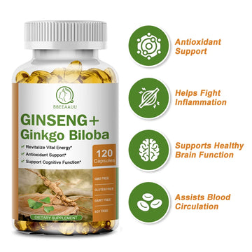 BBEEAAUU Ginseng Ginkgo Capsules Support Healthy Brain, Memory Cognitive Functions,Combat Stress & Fatigue Improve Immune System