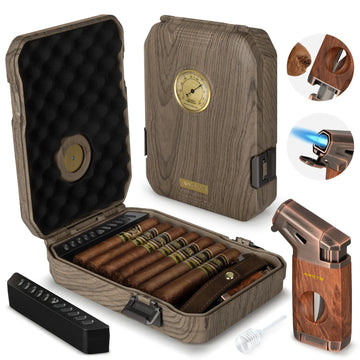 AWOTE Travel Cigar Humidor with Cigar Lighter, Cedar Wood, V Cut Cutter, Portable Cigar Humidor with Humidifier & Hygrometer