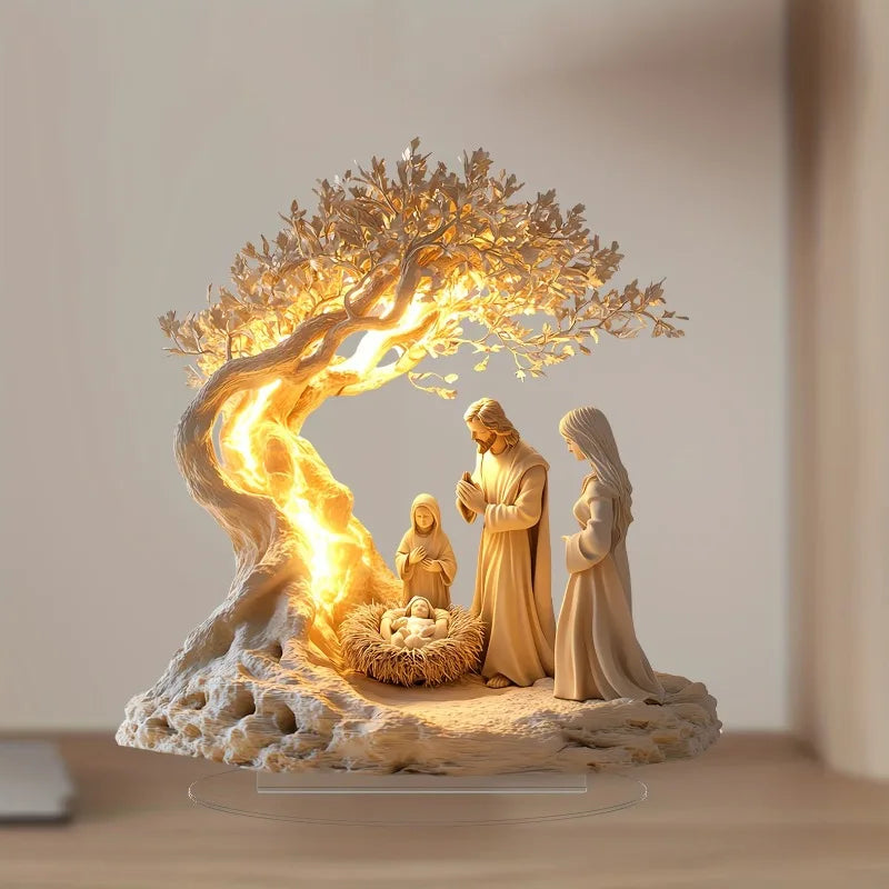 Jesus Tree of Life Acrylic Desk Decor Newborn Blessing Ornament Christian Home Office Tabletop Decoration Inspirational Gift